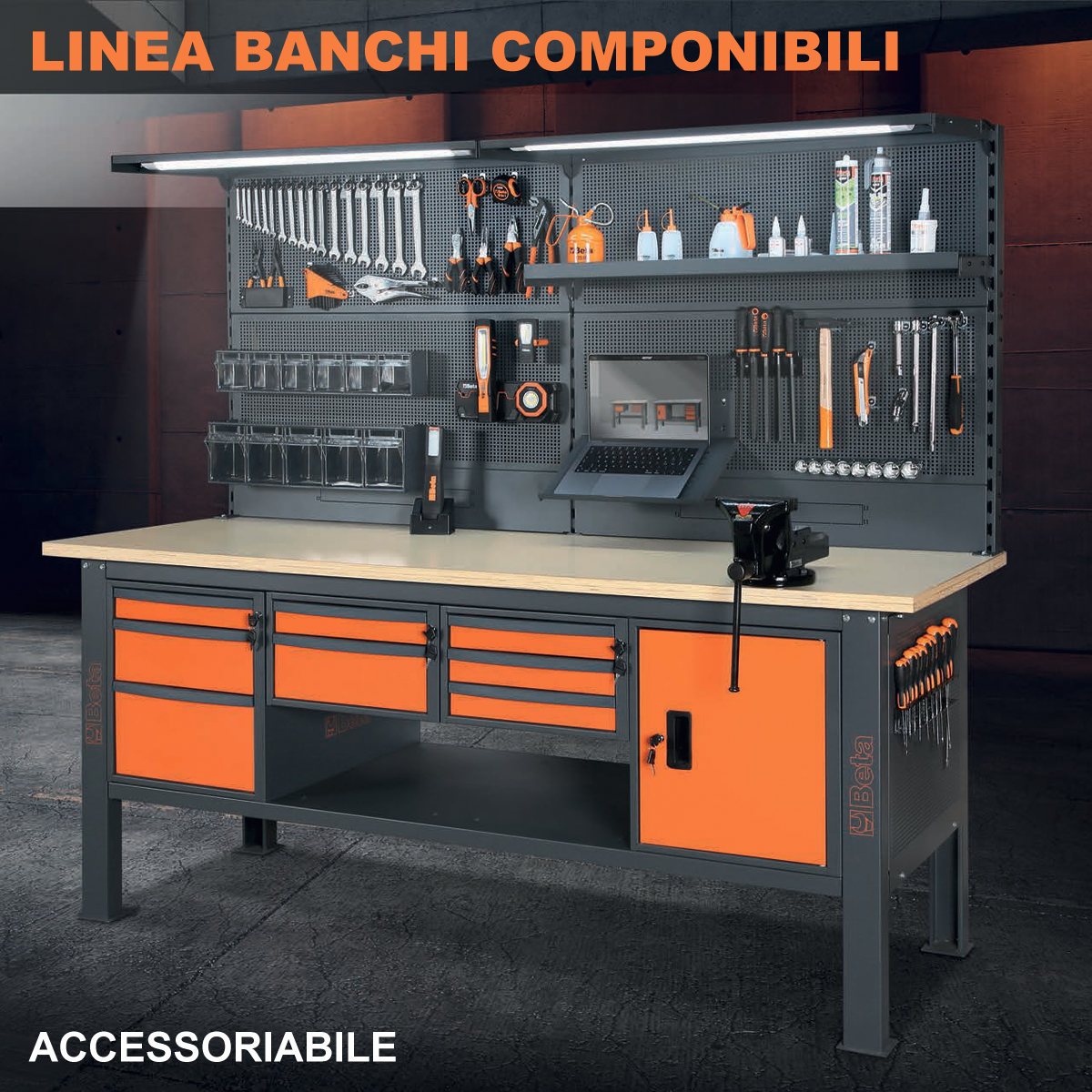 Banco Lavoro Beta C58BC-X2,1 8CA/O Arancio Inox | 2,1 mt | Gaesco