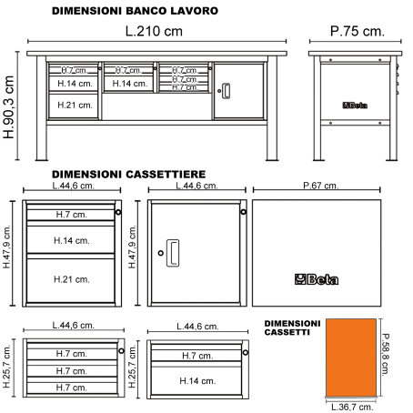 Banco Lavoro Beta C58BC-X2,1 8CA/O Arancio Inox | 2,1 mt | Gaesco