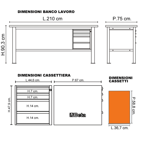 Banco Lavoro Beta C58BC-X2,1 4C/O Arancio Inox | 2,1 mt | Gaesco
