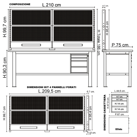 Banco Lavoro Beta C58BC-W2,1 4C+SVR 210cm | 4 Cassetti | Parete Forata