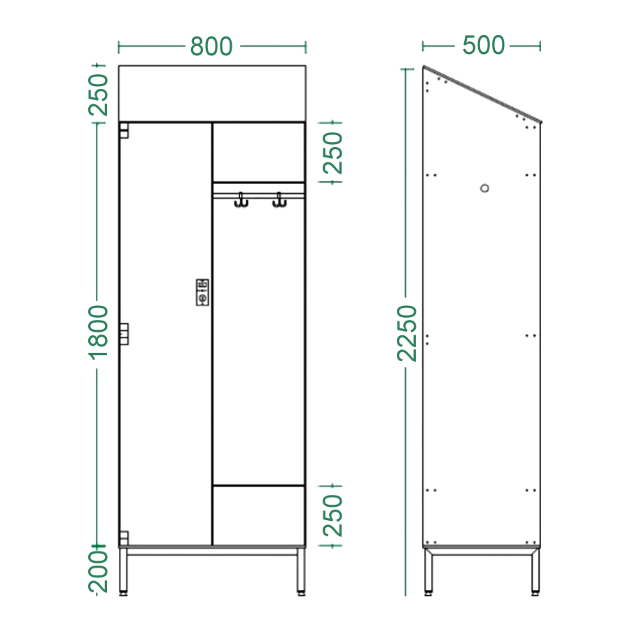 Armadietto per Spogliatoio classico con tetto in laminato HPL / 2 posti