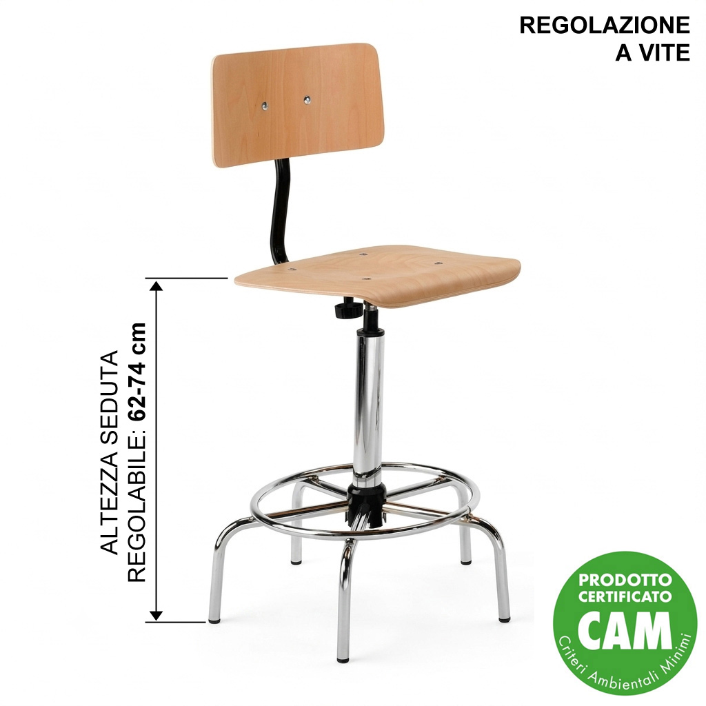 Sgabello tecnico in faggio con schienale regolazione a vite cm. 62/74