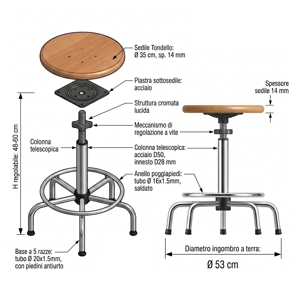 Sgabello tecnico da disegno in faggio regolazione a vite cm. 62/74 