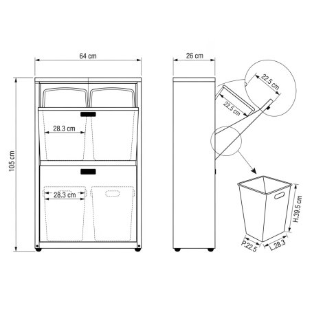 Pattumiera Raccolta Differenziata Zincoplastificata - 4 Cestini, L64xP26xH105 cm