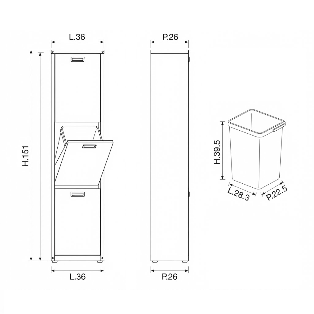 Pattumiera Raccolta Differenziata Zincoplastificata - 3 Cestini, L36xP26xH151 cm
