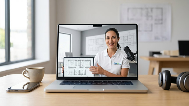 Consulenza Video Personalizzata Gaesco Schermo di un laptop che mostra un'operatrice Gaesco sorridente durante una videochiamata di consulenza tecnica. L'operatrice indica una planimetria di arredamento ufficio su un tablet; sul tavolo fisico sono presenti una tazza di caffè, uno smartphone e cuffie professionali in un ambiente luminoso.