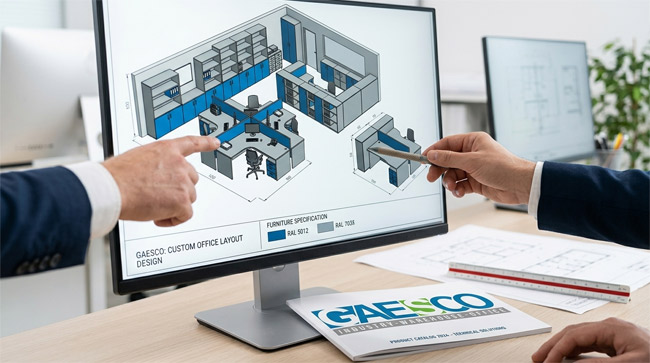 Gaesco: Progettazione Layout Ufficio Personalizzato Schermo di un computer che mostra una progettazione 3D dettagliata di un layout ufficio personalizzato Gaesco, con due persone che indicano e discutono il design. In primo piano un catalogo Gaesco e planimetrie cartacee.