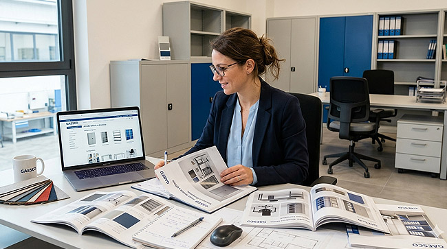 Gaesco | Scelta e Configurazione Arredo Ufficio e Archivio Professionale Professionista consulta il portale Gaesco e i cataloghi tecnici per la configurazione di un ufficio operativo con armadi metallici